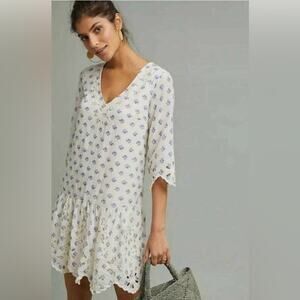 Anthropologie Meadow Rue Eyelet Tunic White Blue Floral Dress V Neck Lined XS